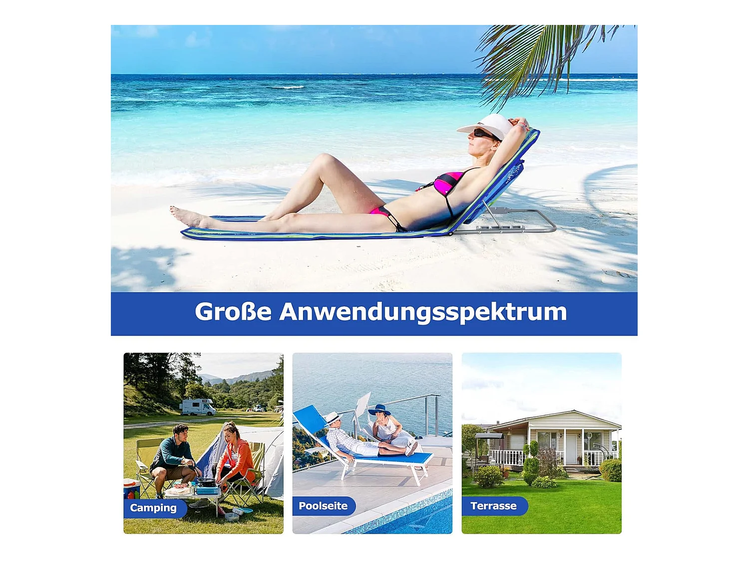 Set van 2 strandmatten met bijzettafel, hoofdkussen en opbergvak, ligmat, opvouwbare zonmat, licht, draagbaar, strandstoel voor het strand (groen) ZB32435