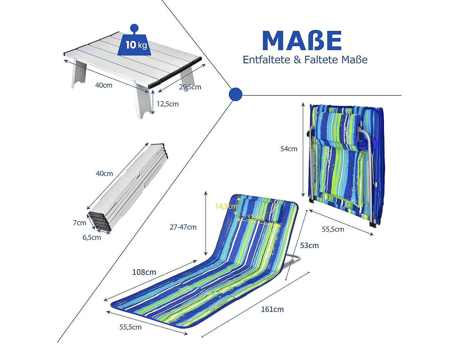 Set van 2 strandmatten met bijzettafel, hoofdkussen en opbergvak, ligmat, opvouwbare zonmat, licht, draagbaar, strandstoel voor het strand (groen) ZB32435