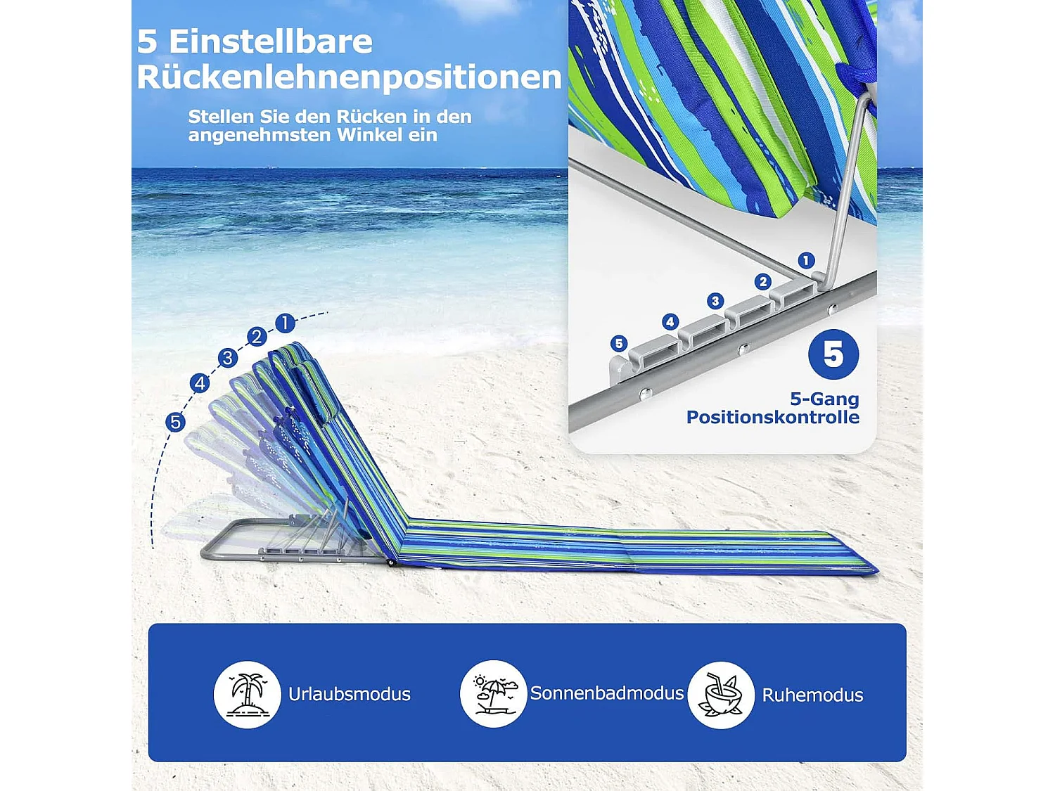 Set van 2 strandmatten met bijzettafel, hoofdkussen en opbergvak, ligmat, opvouwbare zonmat, licht, draagbaar, strandstoel voor het strand (groen) ZB32435