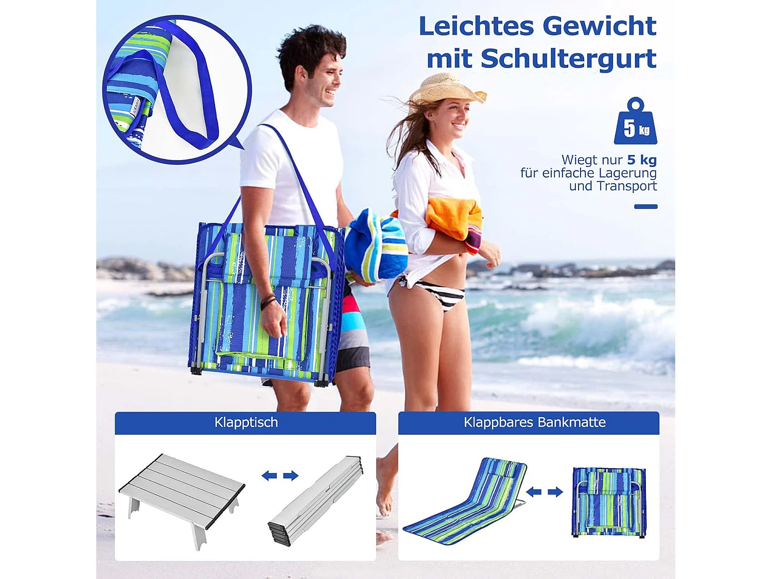 Set van 2 strandmatten met bijzettafel, hoofdkussen en opbergvak, ligmat, opvouwbare zonmat, licht, draagbaar, strandstoel voor het strand (groen) ZB32435