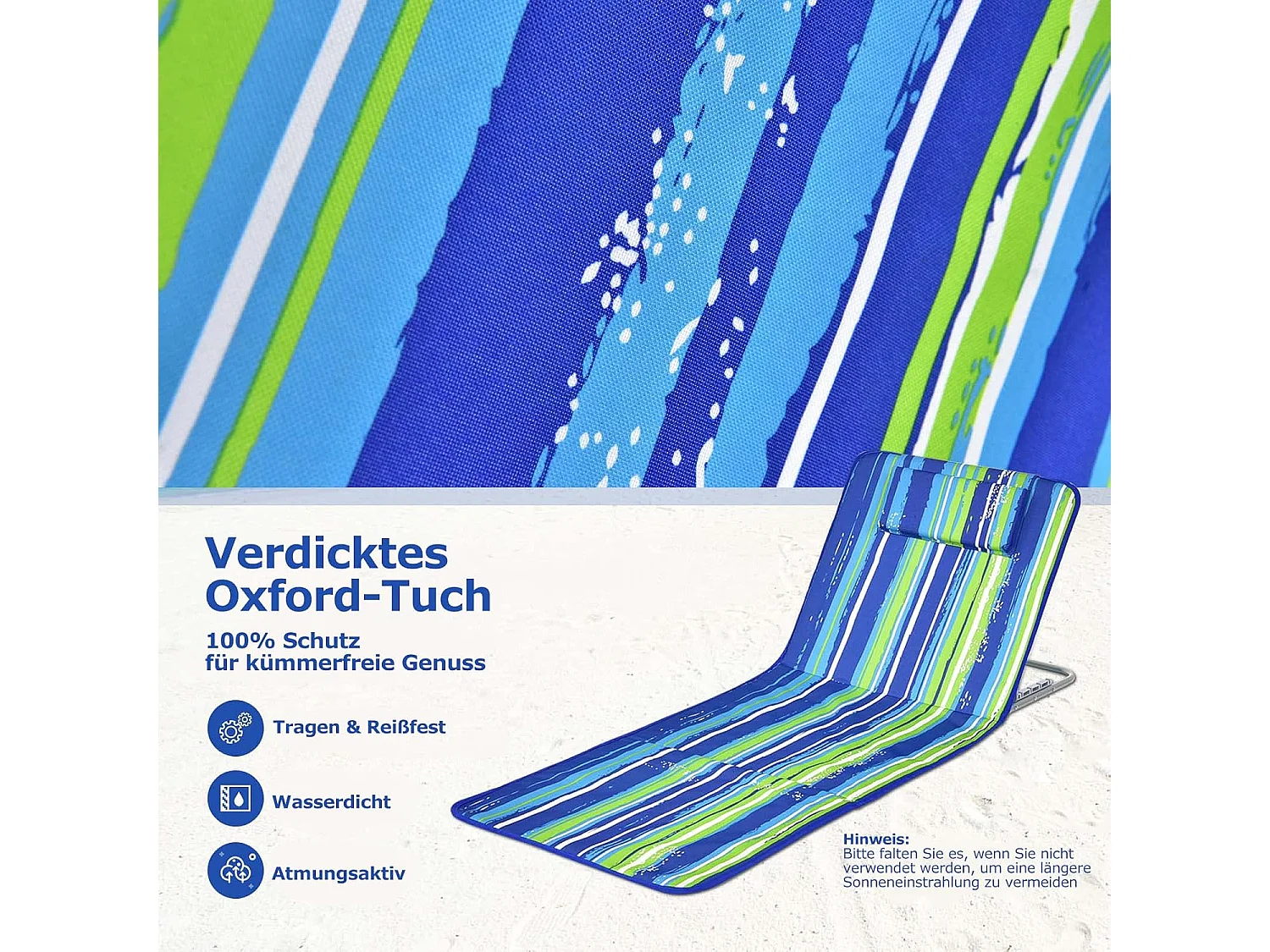 Set van 2 strandmatten met bijzettafel, hoofdkussen en opbergvak, ligmat, opvouwbare zonmat, licht, draagbaar, strandstoel voor het strand (groen) ZB32435