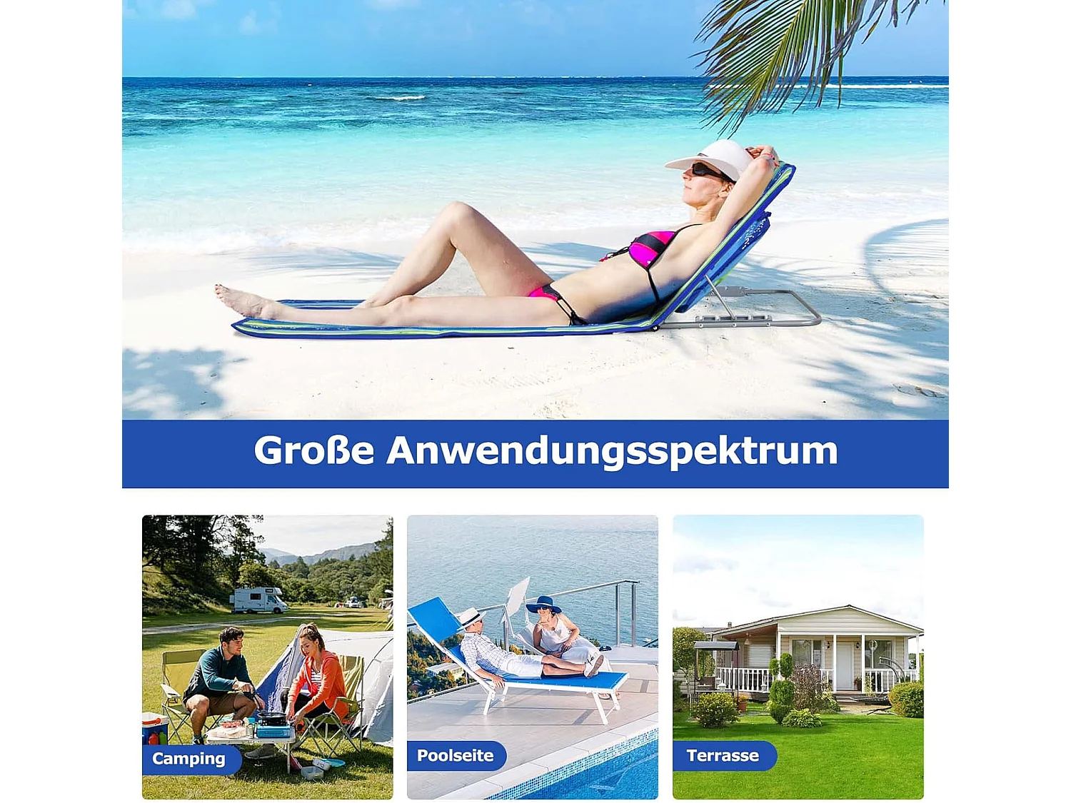 Set van 2 strandmatten met bijzettafel, hoofdkussen en opbergvak, ligmat, opvouwbare zonmat, licht, draagbaar, strandstoel voor het strand (groen) ZB32435