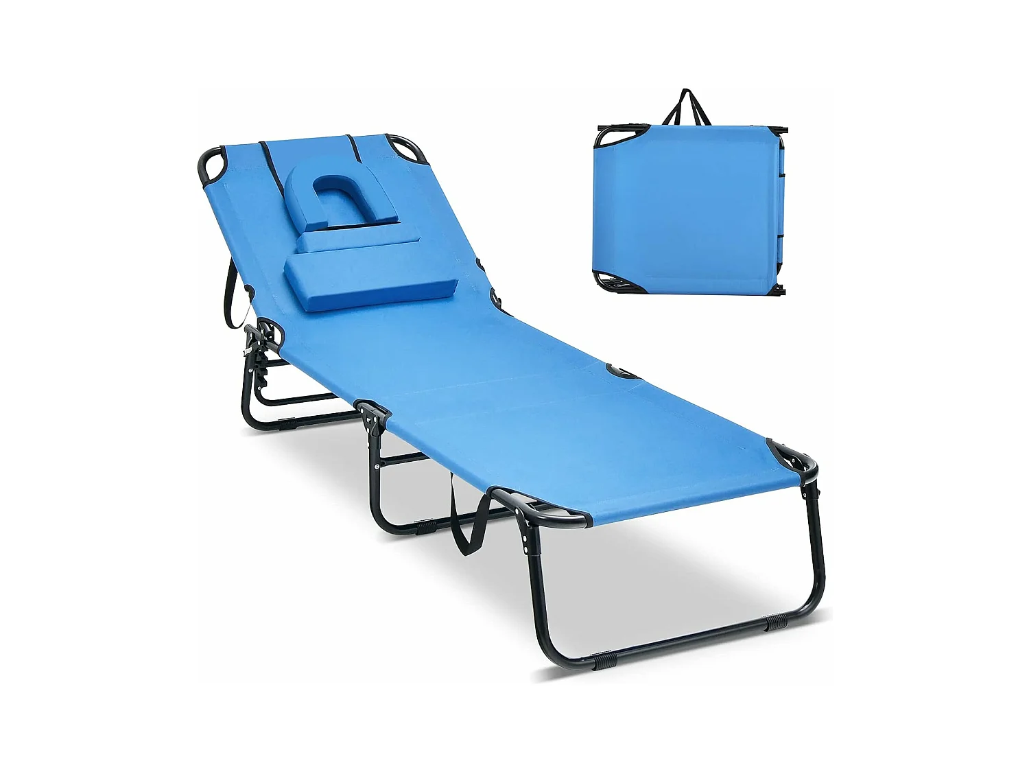 Zonneligstoel met gezichtsopening, inklapbare ligstoel met 3 afneembare kussens en 5-voudig, strandstoel, ligstoel voor tuin en zwembad, blauw ZB32169