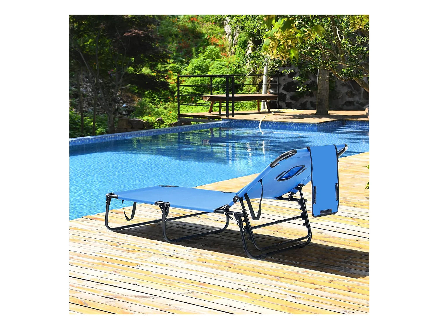 Zonneligstoel met gezichtsopening, inklapbare ligstoel met 3 afneembare kussens en 5-voudig, strandstoel, ligstoel voor tuin en zwembad, blauw ZB32169