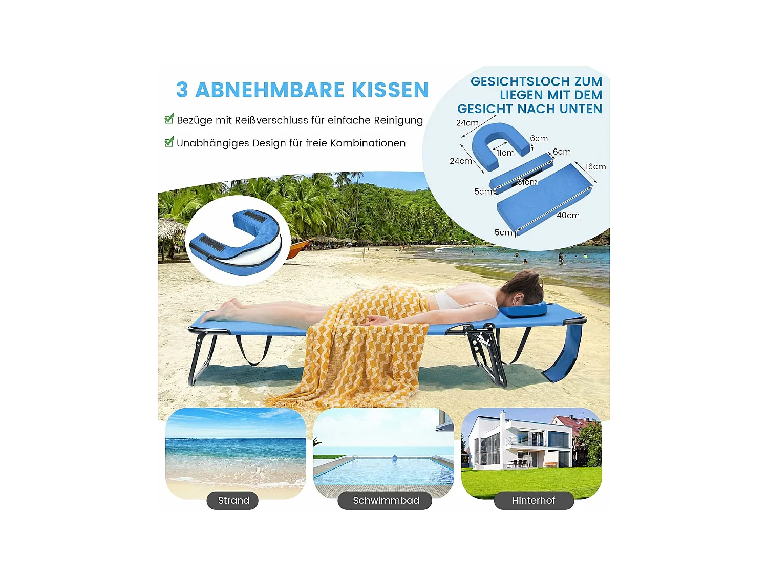Zonneligstoel met gezichtsopening, inklapbare ligstoel met 3 afneembare kussens en 5-voudig, strandstoel, ligstoel voor tuin en zwembad, blauw ZB32169