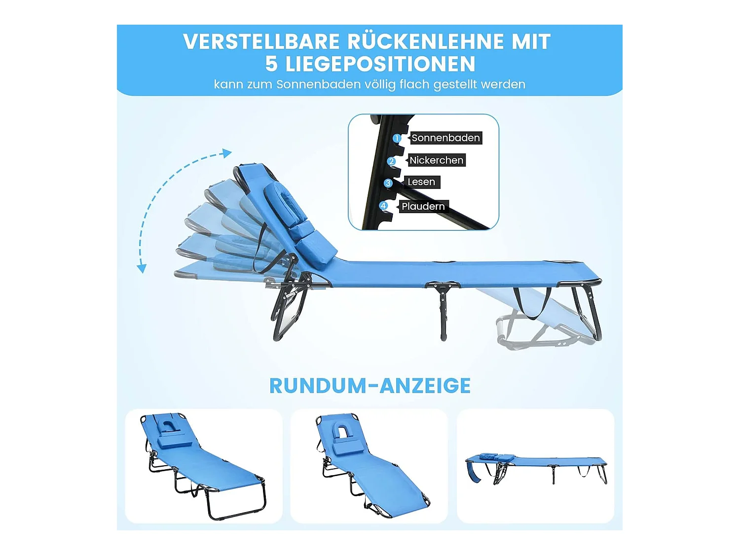 Zonneligstoel met gezichtsopening, inklapbare ligstoel met 3 afneembare kussens en 5-voudig, strandstoel, ligstoel voor tuin en zwembad, blauw ZB32169