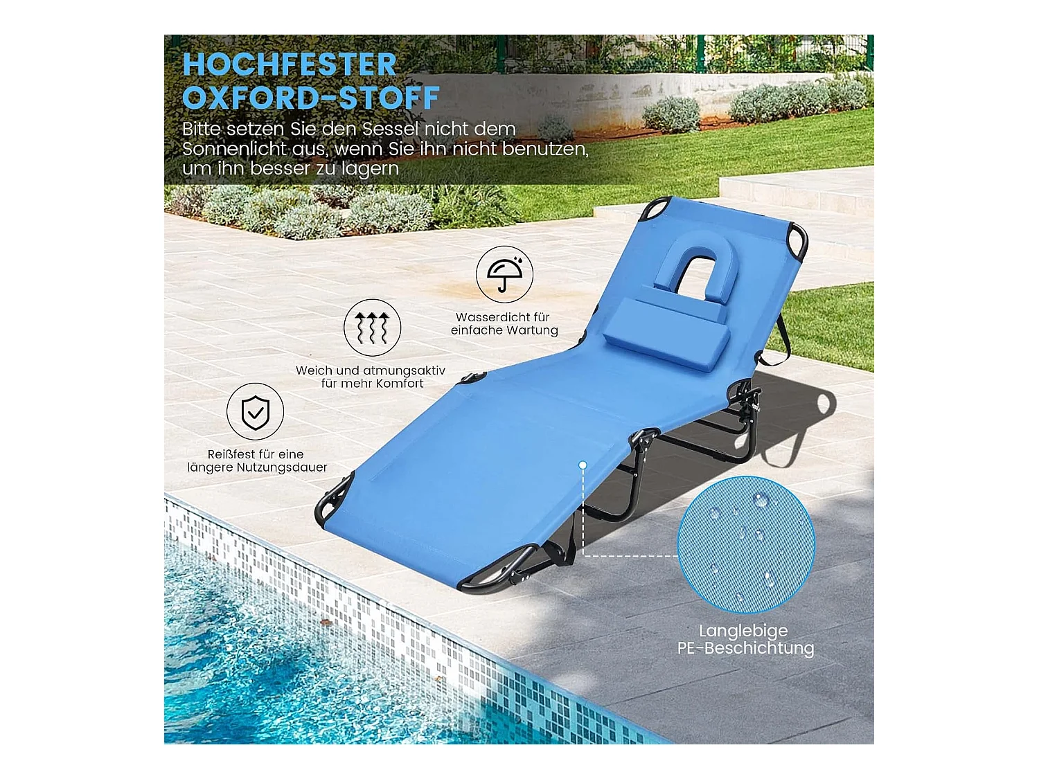 Zonneligstoel met gezichtsopening, inklapbare ligstoel met 3 afneembare kussens en 5-voudig, strandstoel, ligstoel voor tuin en zwembad, blauw ZB32169