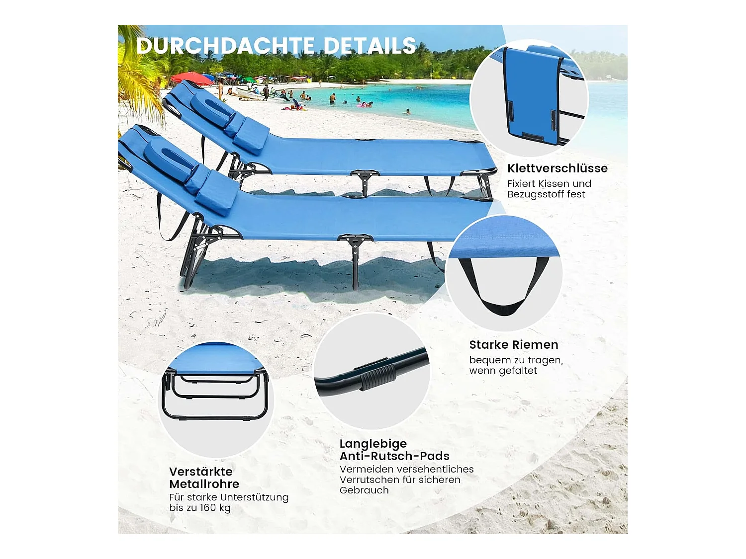 Zonneligstoel met gezichtsopening, inklapbare ligstoel met 3 afneembare kussens en 5-voudig, strandstoel, ligstoel voor tuin en zwembad, blauw ZB32169