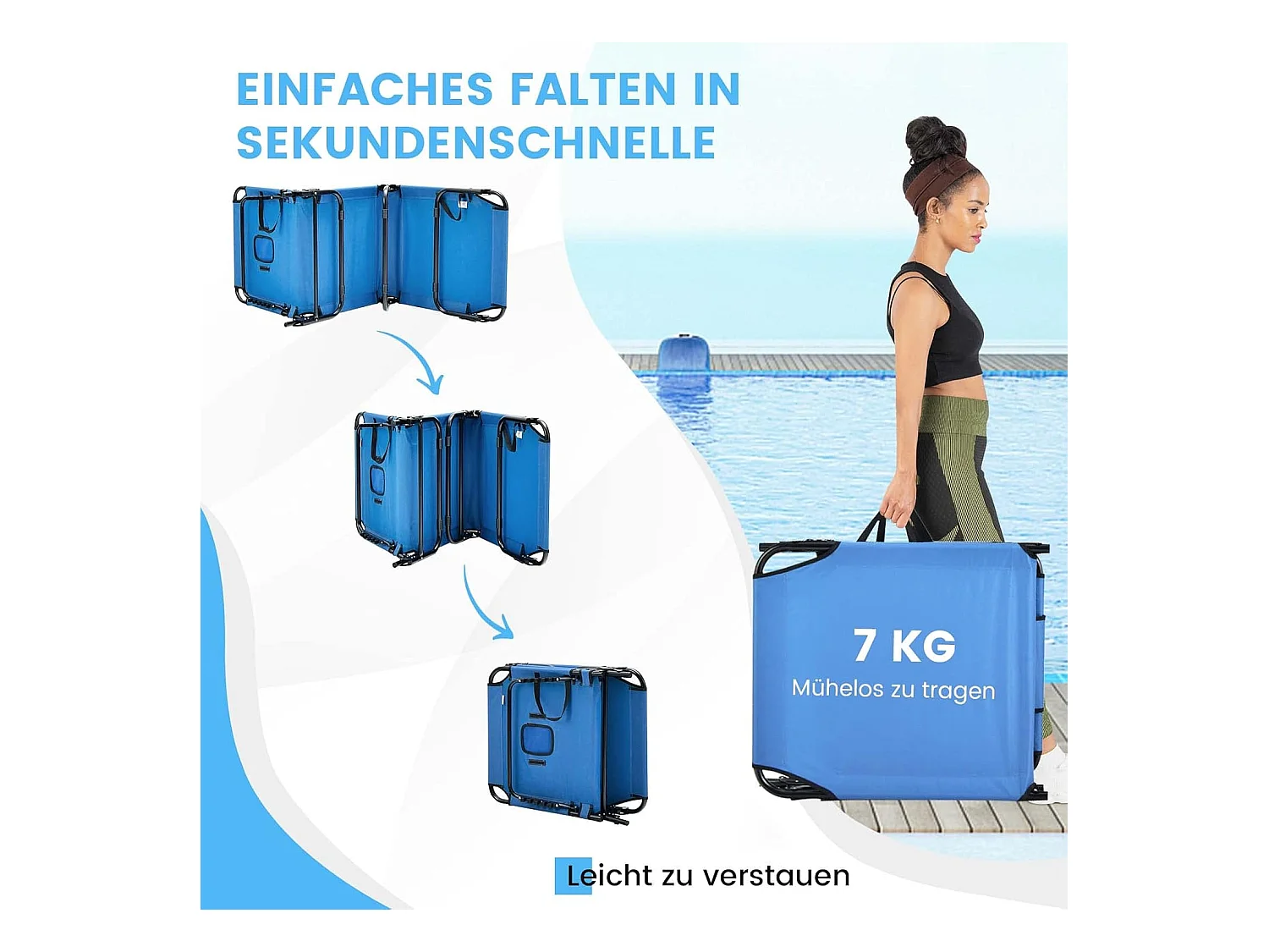 Zonneligstoel met gezichtsopening, inklapbare ligstoel met 3 afneembare kussens en 5-voudig, strandstoel, ligstoel voor tuin en zwembad, blauw ZB32169