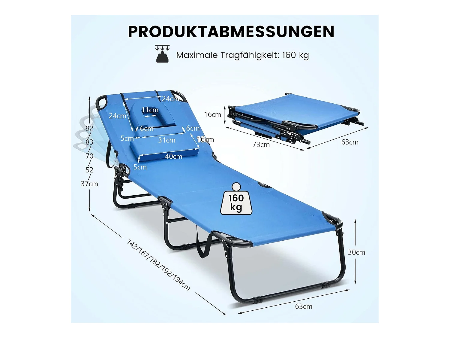Zonneligstoel met gezichtsopening, inklapbare ligstoel met 3 afneembare kussens en 5-voudig, strandstoel, ligstoel voor tuin en zwembad, blauw ZB32169