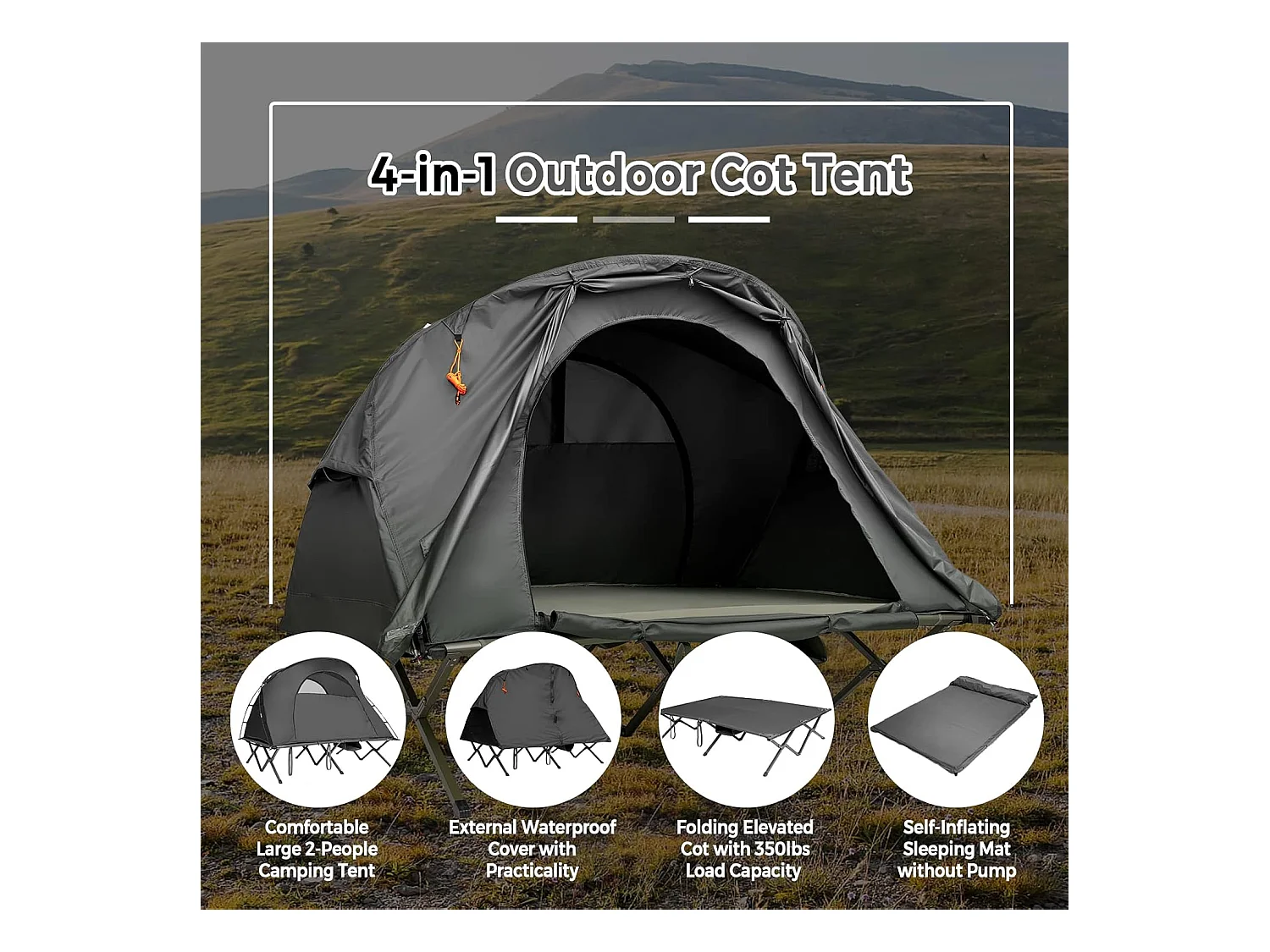 2-Persoons Kampeerbedje tent, 4-in-1 opvouwbaar tentbed, zelfopblazende matras en draagtas, draagbare verhoogde tent voor buitengebruik (Grijs)ZB32374