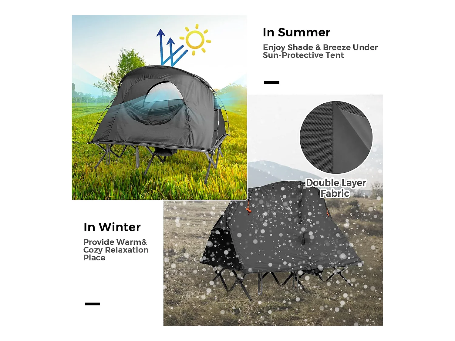 2-Persoons Kampeerbedje tent, 4-in-1 opvouwbaar tentbed, zelfopblazende matras en draagtas, draagbare verhoogde tent voor buitengebruik (Grijs)ZB32374