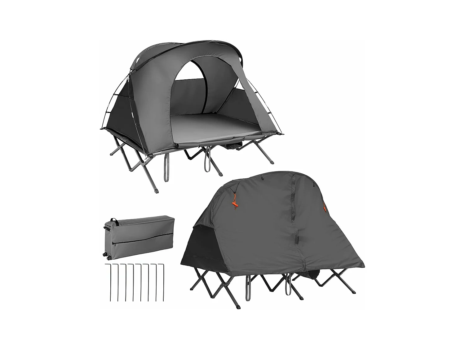 2-Persoons Kampeerbedje tent, 4-in-1 opvouwbaar tentbed, zelfopblazende matras en draagtas, draagbare verhoogde tent voor buitengebruik (Grijs)ZB32374