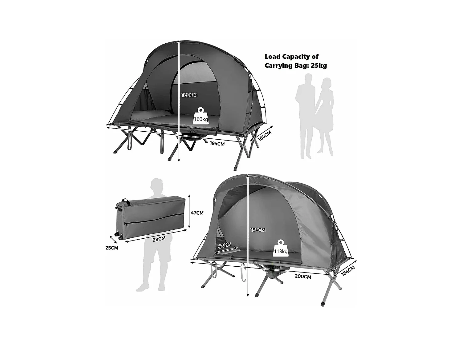 2-Persoons Kampeerbedje tent, 4-in-1 opvouwbaar tentbed, zelfopblazende matras en draagtas, draagbare verhoogde tent voor buitengebruik (Grijs)ZB32374