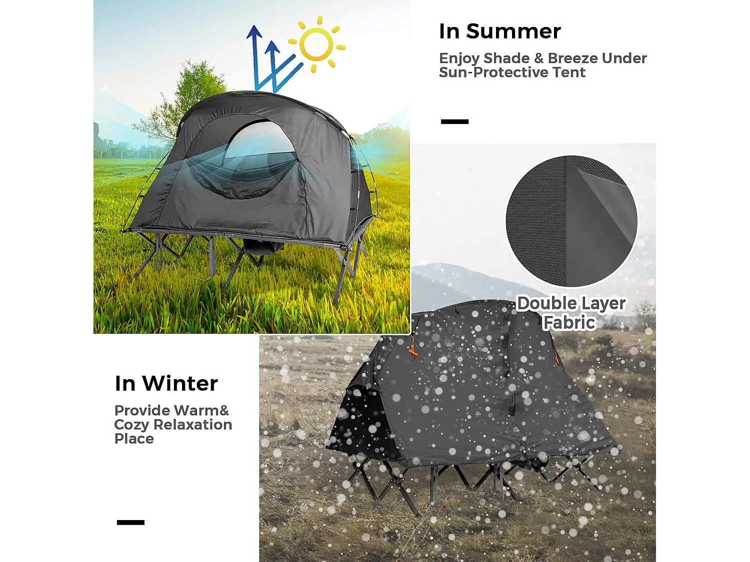 2-Persoons Kampeerbedje tent, 4-in-1 opvouwbaar tentbed, zelfopblazende matras en draagtas, draagbare verhoogde tent voor buitengebruik (Grijs)ZB32374