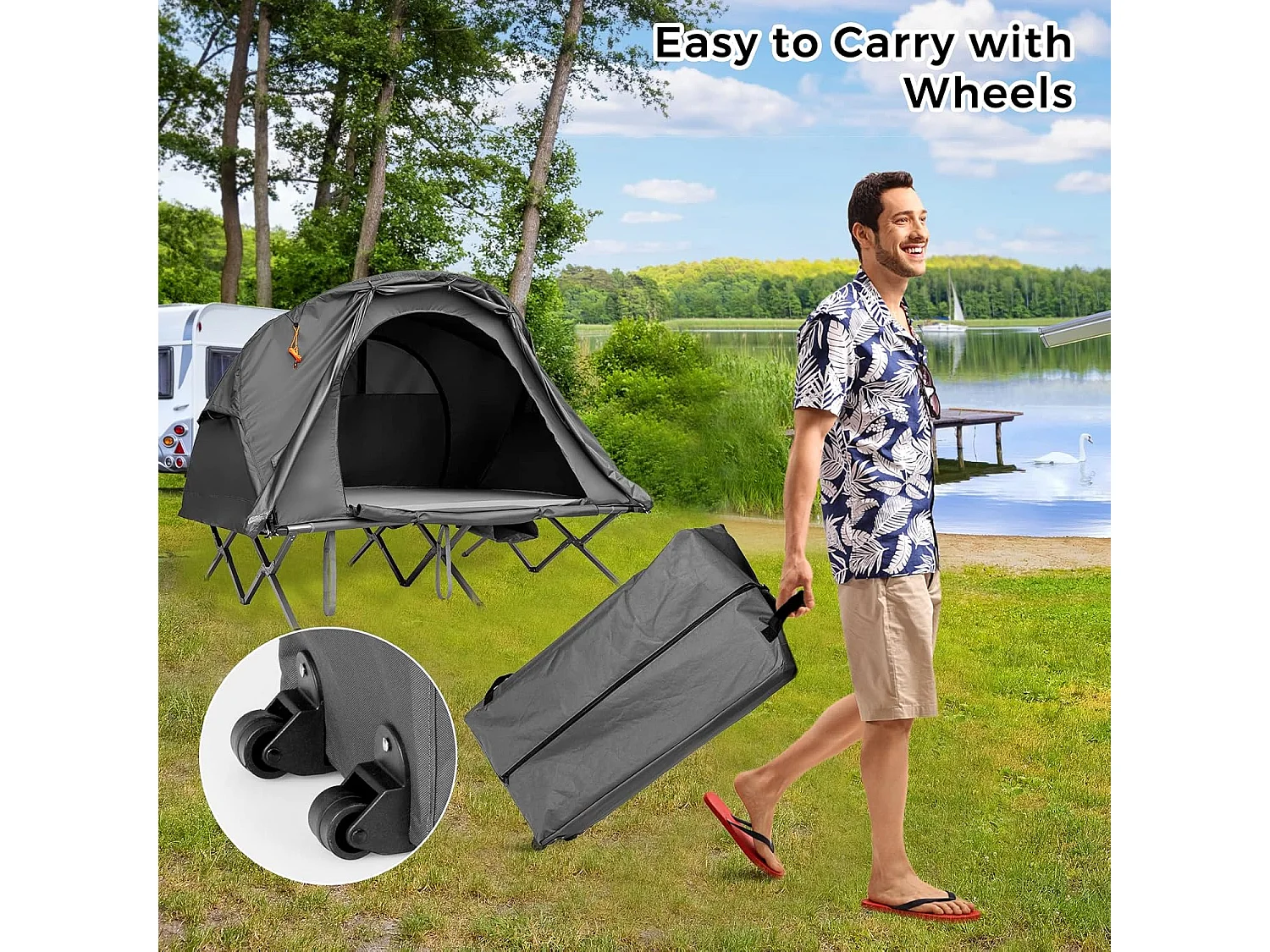 2-Persoons Kampeerbedje tent, 4-in-1 opvouwbaar tentbed, zelfopblazende matras en draagtas, draagbare verhoogde tent voor buitengebruik (Grijs)ZB32374