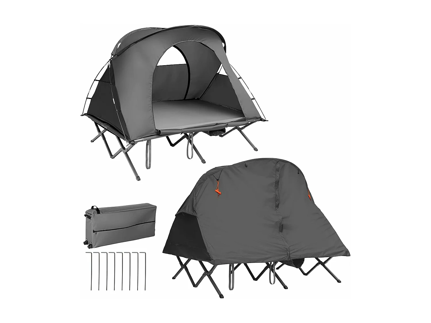 2-Persoons Kampeerbedje tent, 4-in-1 opvouwbaar tentbed, zelfopblazende matras en draagtas, draagbare verhoogde tent voor buitengebruik (Grijs)ZB32374