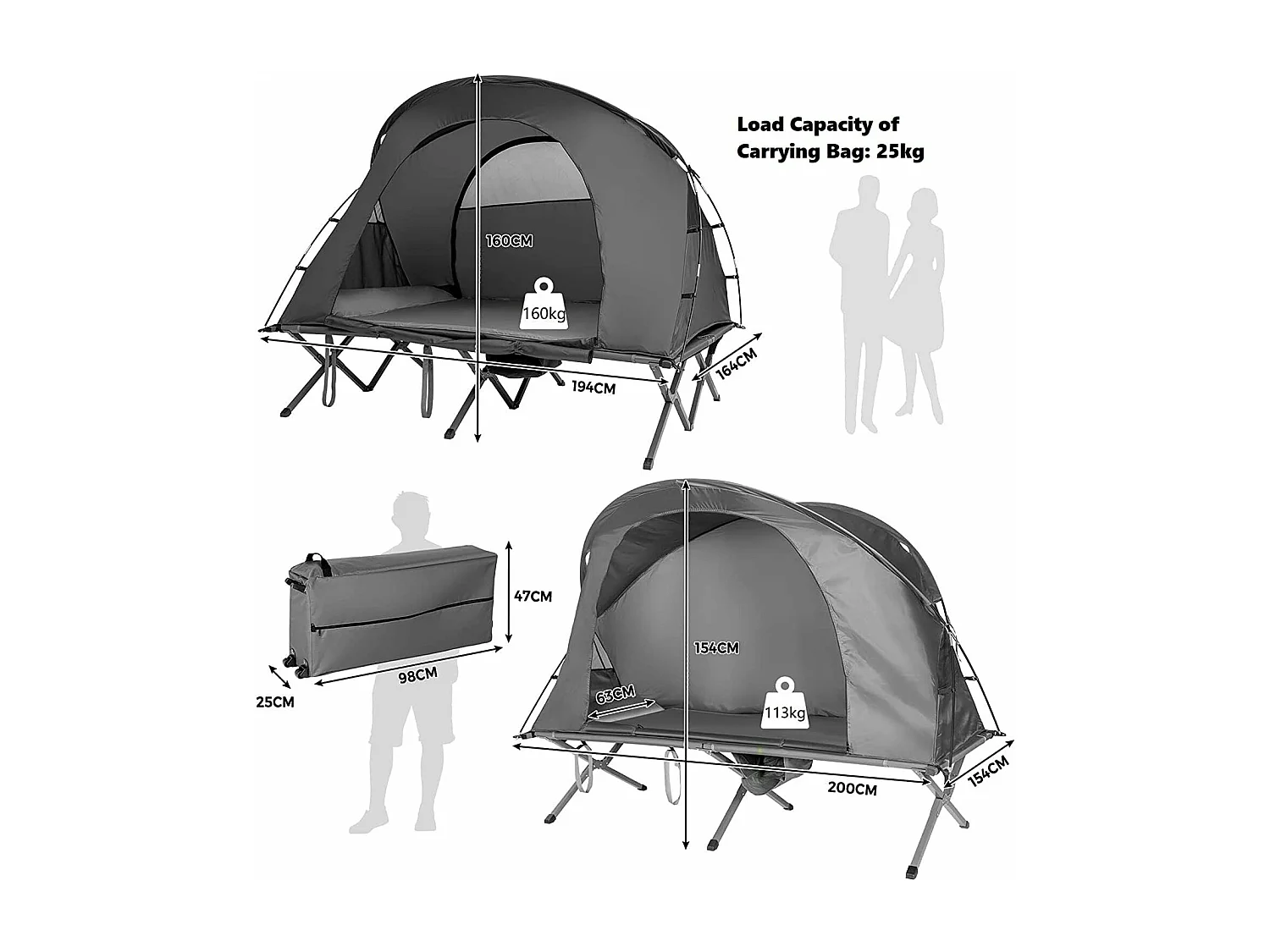 2-Persoons Kampeerbedje tent, 4-in-1 opvouwbaar tentbed, zelfopblazende matras en draagtas, draagbare verhoogde tent voor buitengebruik (Grijs)ZB32374