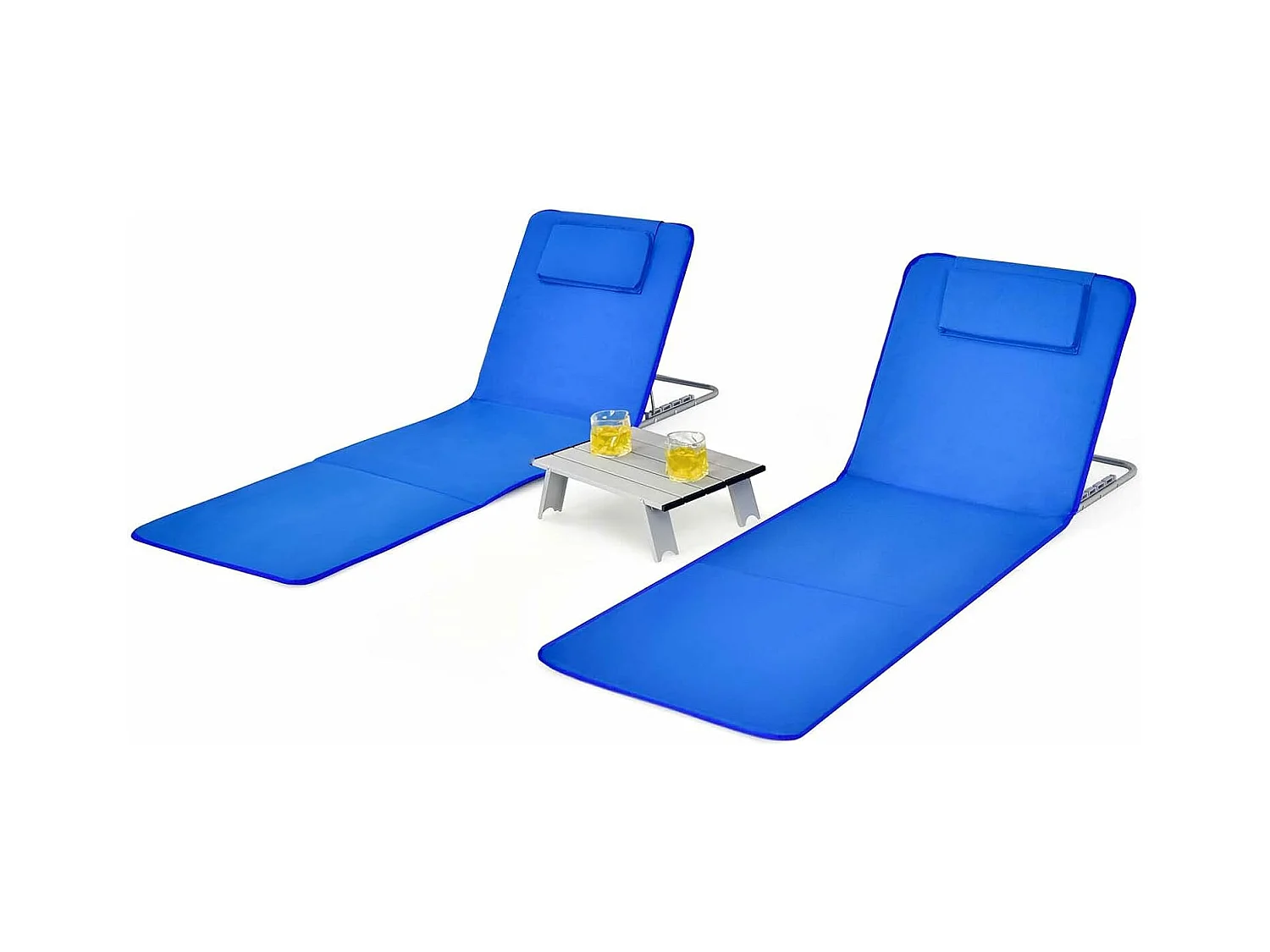 Set van 2 strandmatten met bijzettafel, hoofdkussen en opbergvak, ligmat met verstelbare rugleuning, strandstoel voor het strand (blauw) ZB32435