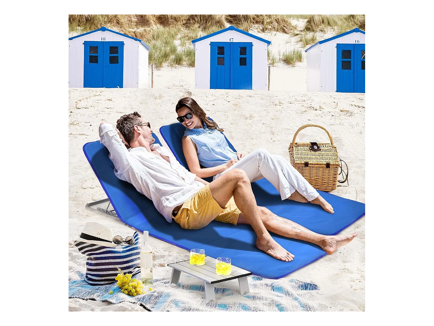 Set van 2 strandmatten met bijzettafel, hoofdkussen en opbergvak, ligmat met verstelbare rugleuning, strandstoel voor het strand (blauw) ZB32435
