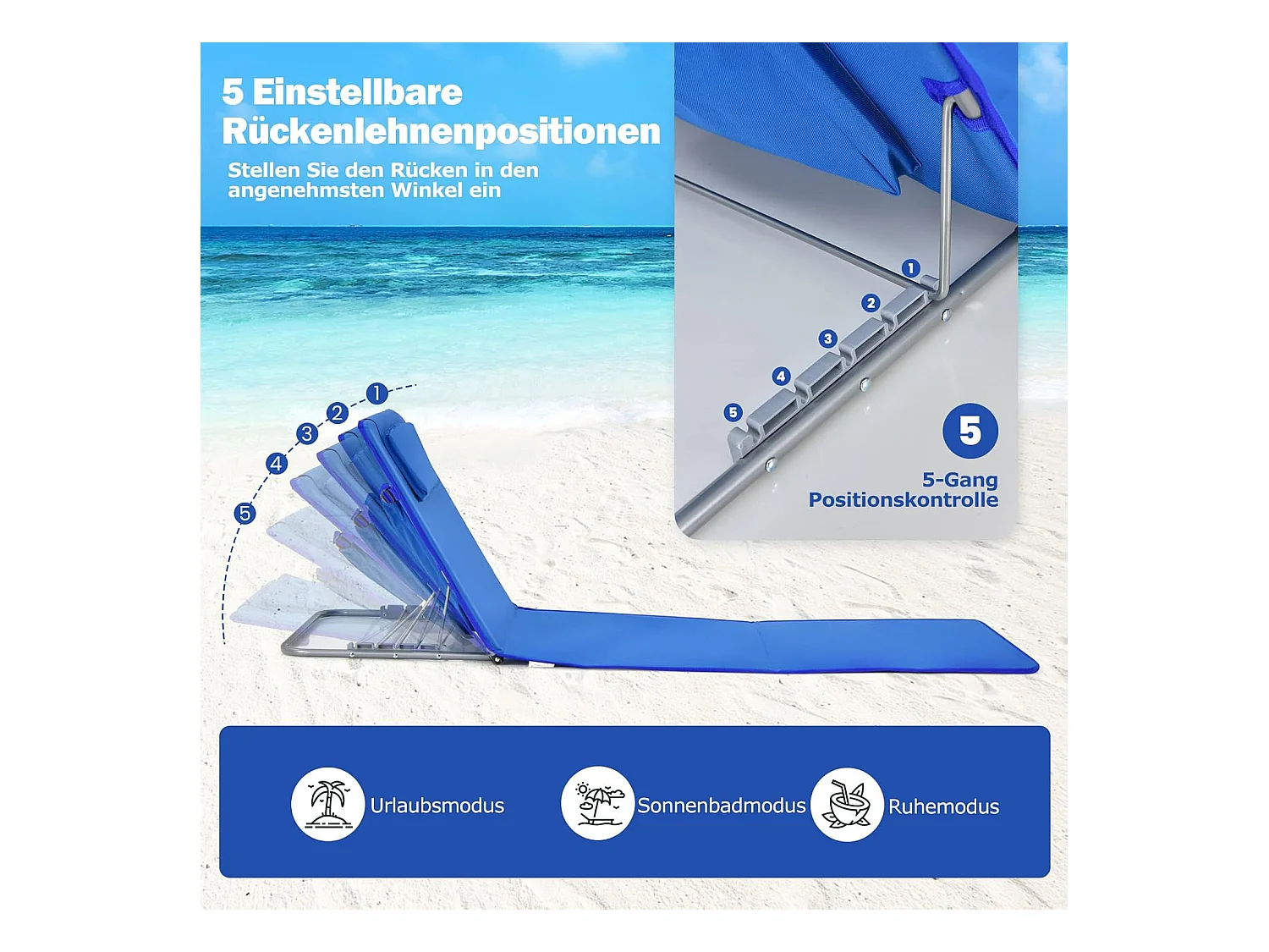 Set van 2 strandmatten met bijzettafel, hoofdkussen en opbergvak, ligmat met verstelbare rugleuning, strandstoel voor het strand (blauw) ZB32435