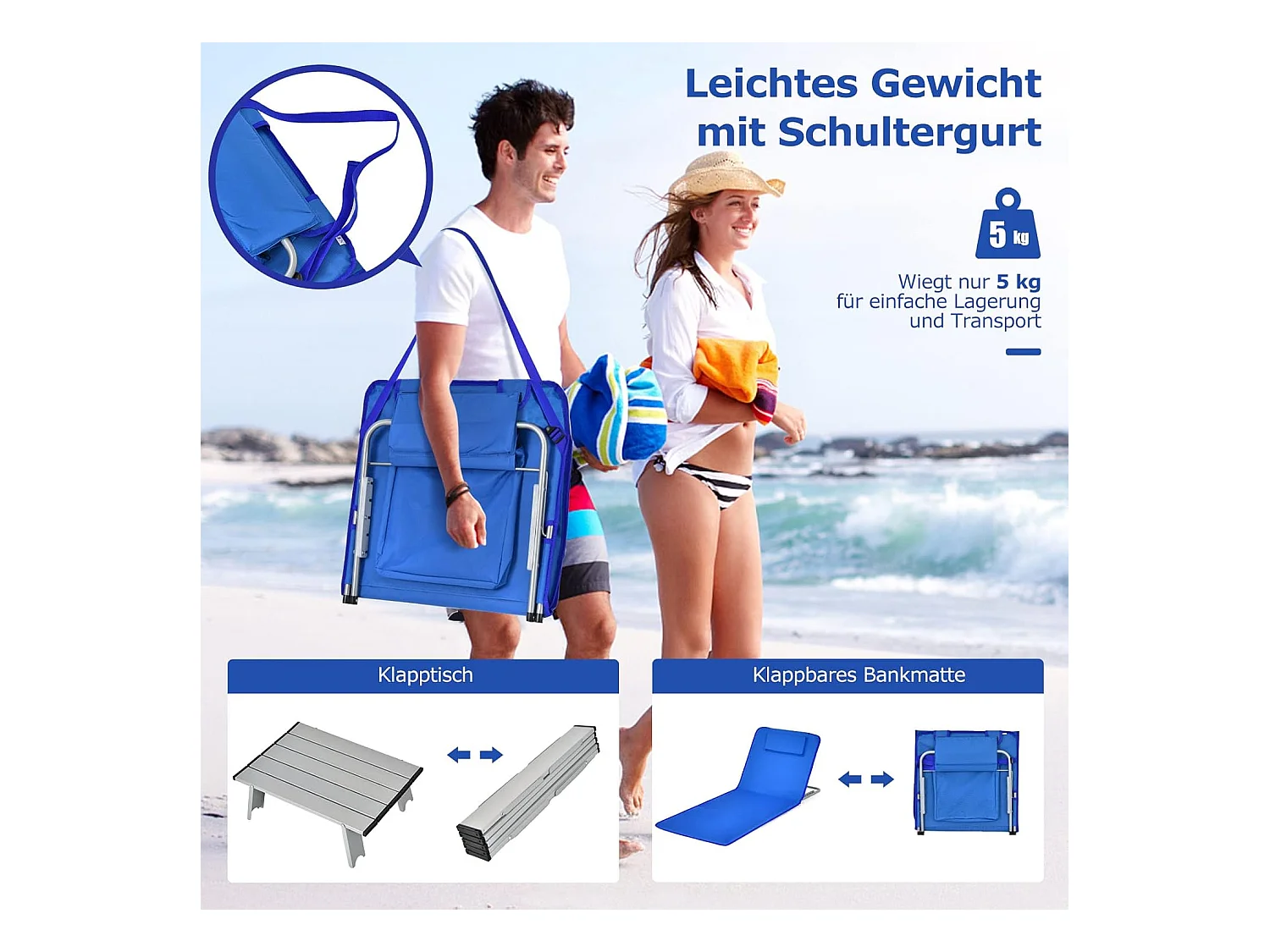Set van 2 strandmatten met bijzettafel, hoofdkussen en opbergvak, ligmat met verstelbare rugleuning, strandstoel voor het strand (blauw) ZB32435