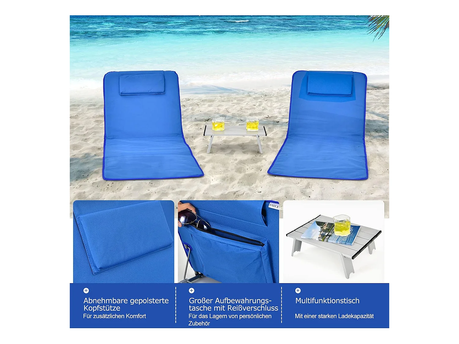 Set van 2 strandmatten met bijzettafel, hoofdkussen en opbergvak, ligmat met verstelbare rugleuning, strandstoel voor het strand (blauw) ZB32435