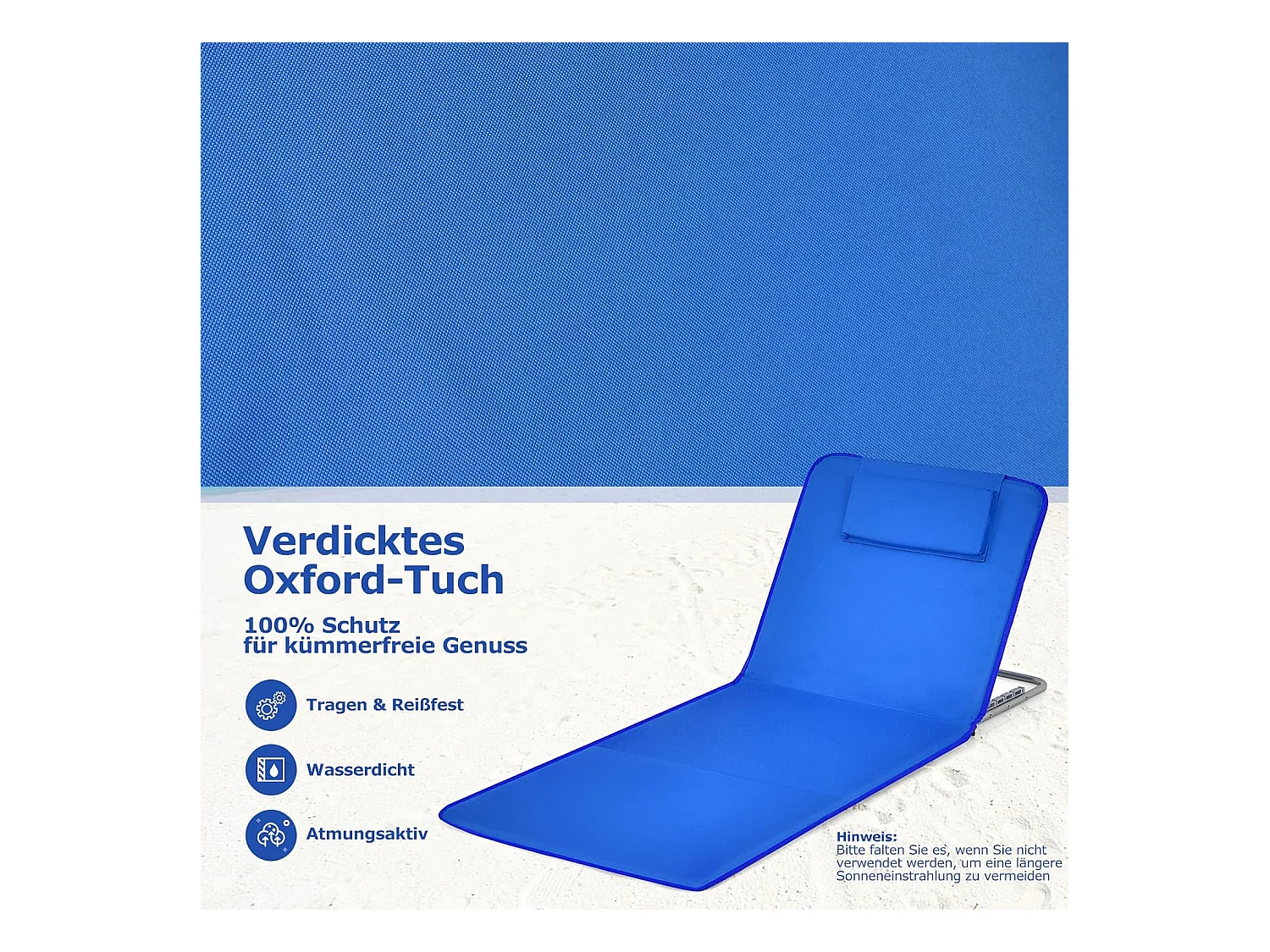 Set van 2 strandmatten met bijzettafel, hoofdkussen en opbergvak, ligmat met verstelbare rugleuning, strandstoel voor het strand (blauw) ZB32435