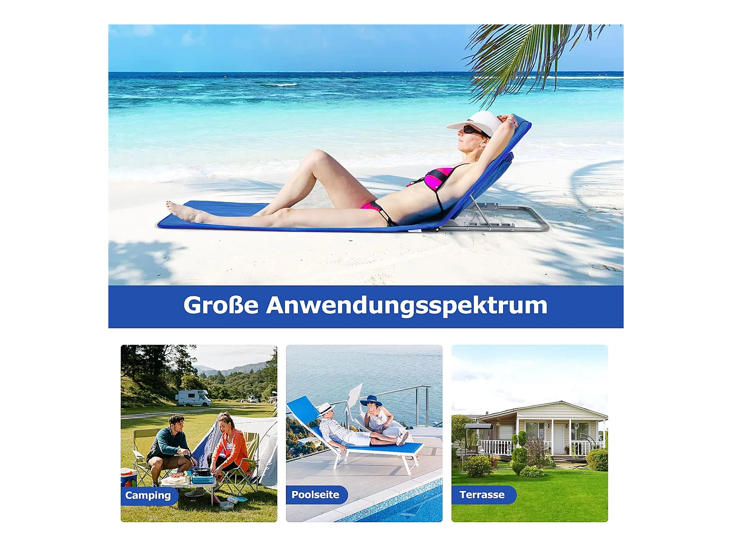 Set van 2 strandmatten met bijzettafel, hoofdkussen en opbergvak, ligmat met verstelbare rugleuning, strandstoel voor het strand (blauw) ZB32435