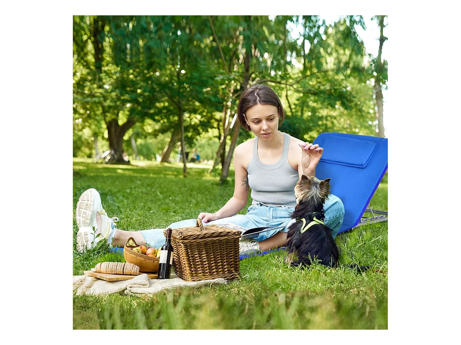 Set van 2 strandmatten met bijzettafel, hoofdkussen en opbergvak, ligmat met verstelbare rugleuning, strandstoel voor het strand (blauw) ZB32435