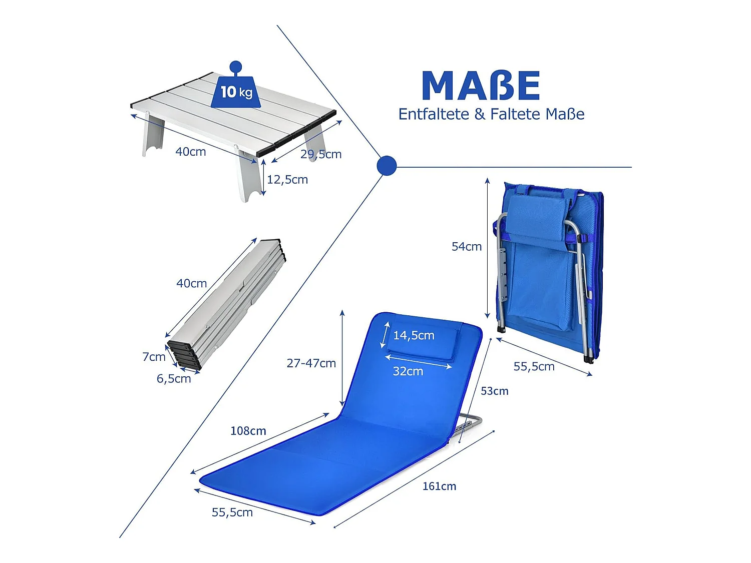 Set van 2 strandmatten met bijzettafel, hoofdkussen en opbergvak, ligmat met verstelbare rugleuning, strandstoel voor het strand (blauw) ZB32435