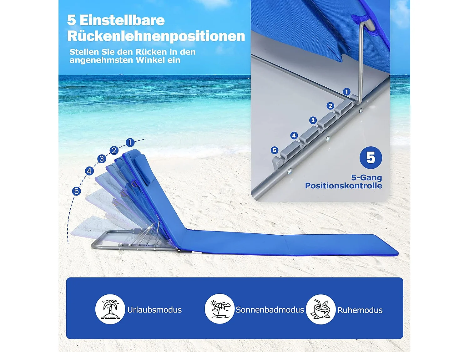 Set van 2 strandmatten met bijzettafel, hoofdkussen en opbergvak, ligmat met verstelbare rugleuning, strandstoel voor het strand (blauw) ZB32435