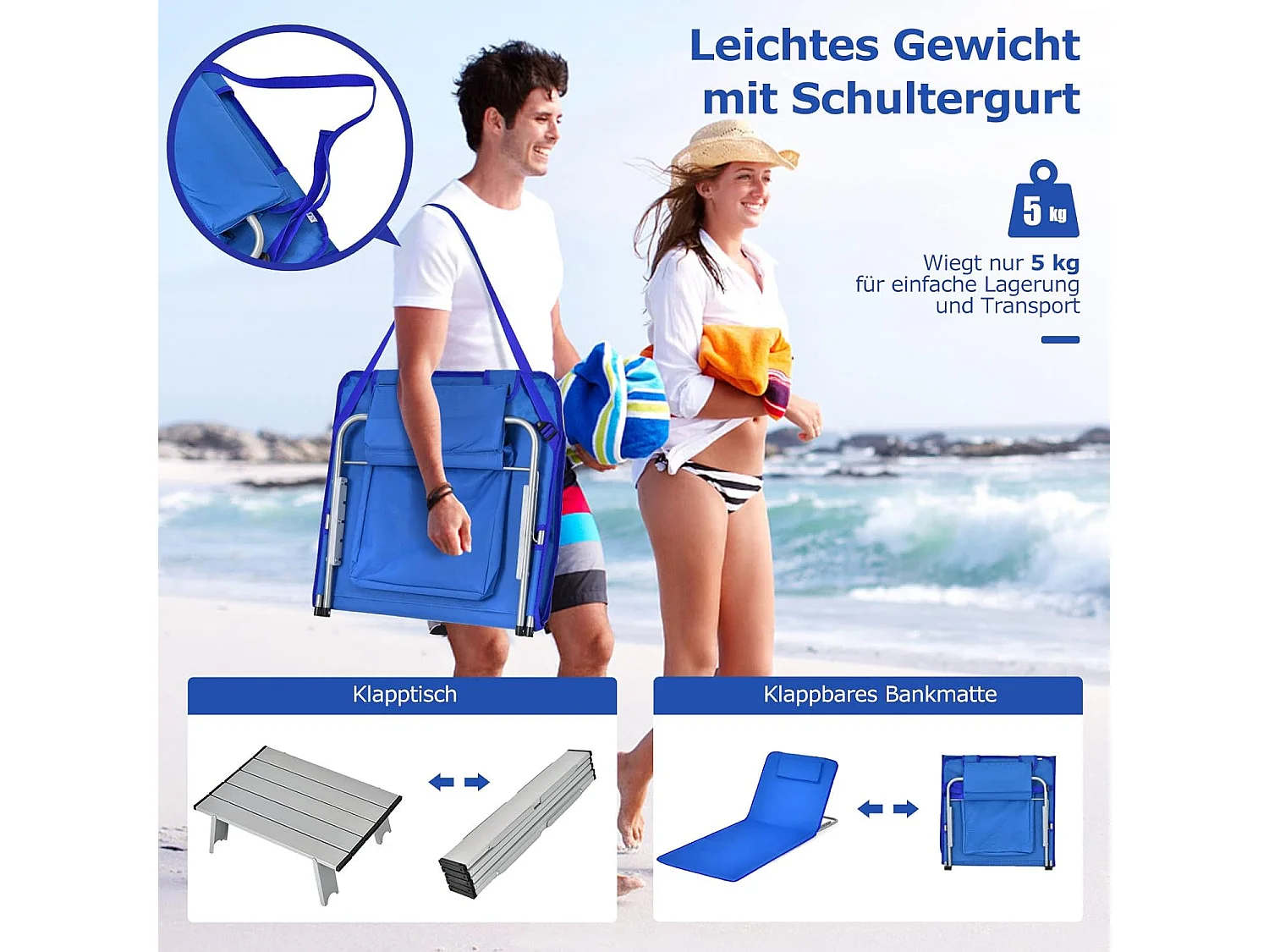Set van 2 strandmatten met bijzettafel, hoofdkussen en opbergvak, ligmat met verstelbare rugleuning, strandstoel voor het strand (blauw) ZB32435