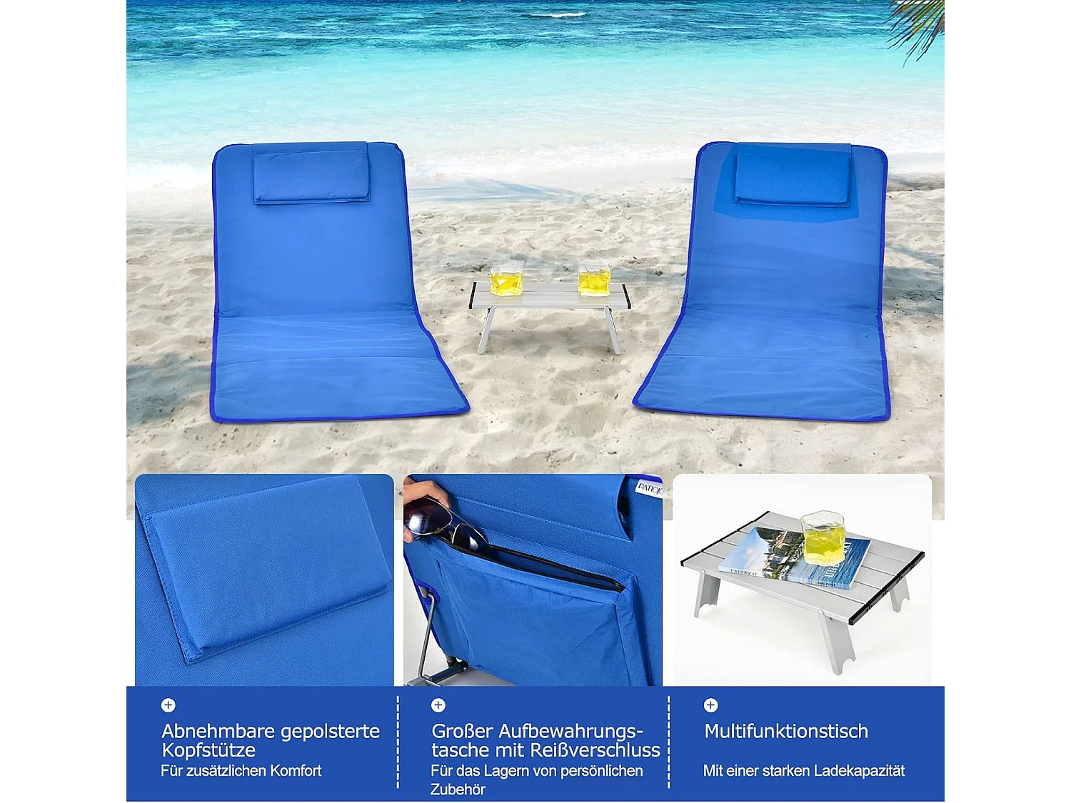 Set van 2 strandmatten met bijzettafel, hoofdkussen en opbergvak, ligmat met verstelbare rugleuning, strandstoel voor het strand (blauw) ZB32435