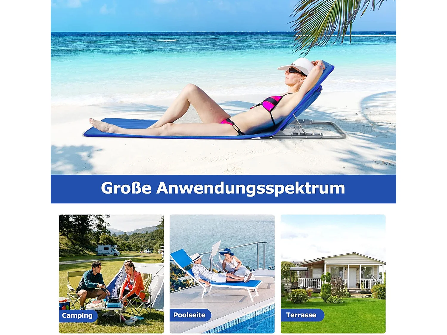 Set van 2 strandmatten met bijzettafel, hoofdkussen en opbergvak, ligmat met verstelbare rugleuning, strandstoel voor het strand (blauw) ZB32435