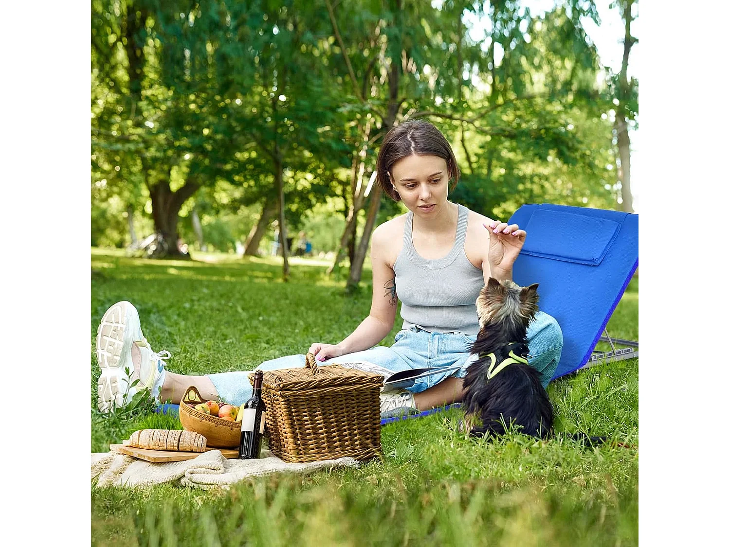 Set van 2 strandmatten met bijzettafel, hoofdkussen en opbergvak, ligmat met verstelbare rugleuning, strandstoel voor het strand (blauw) ZB32435