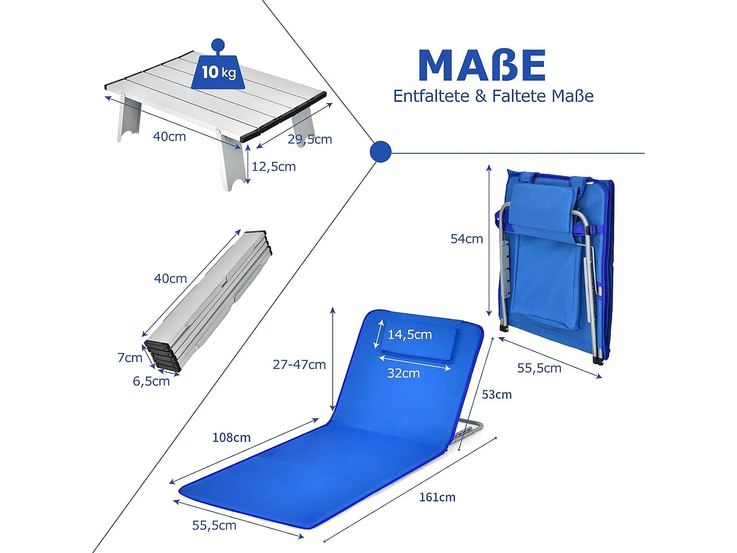 Set van 2 strandmatten met bijzettafel, hoofdkussen en opbergvak, ligmat met verstelbare rugleuning, strandstoel voor het strand (blauw) ZB32435
