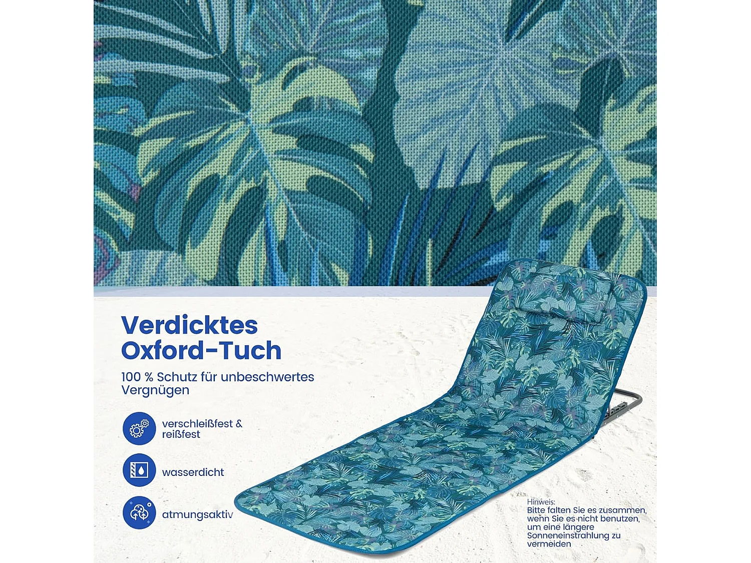 Set van 2 strandmatten met bijzettafel, hoofdkussen en opbergvak, ligmat, opvouwbare zonnemat, licht, draagbaar, strandligstoel voor het strand (turquoise)ZB32435