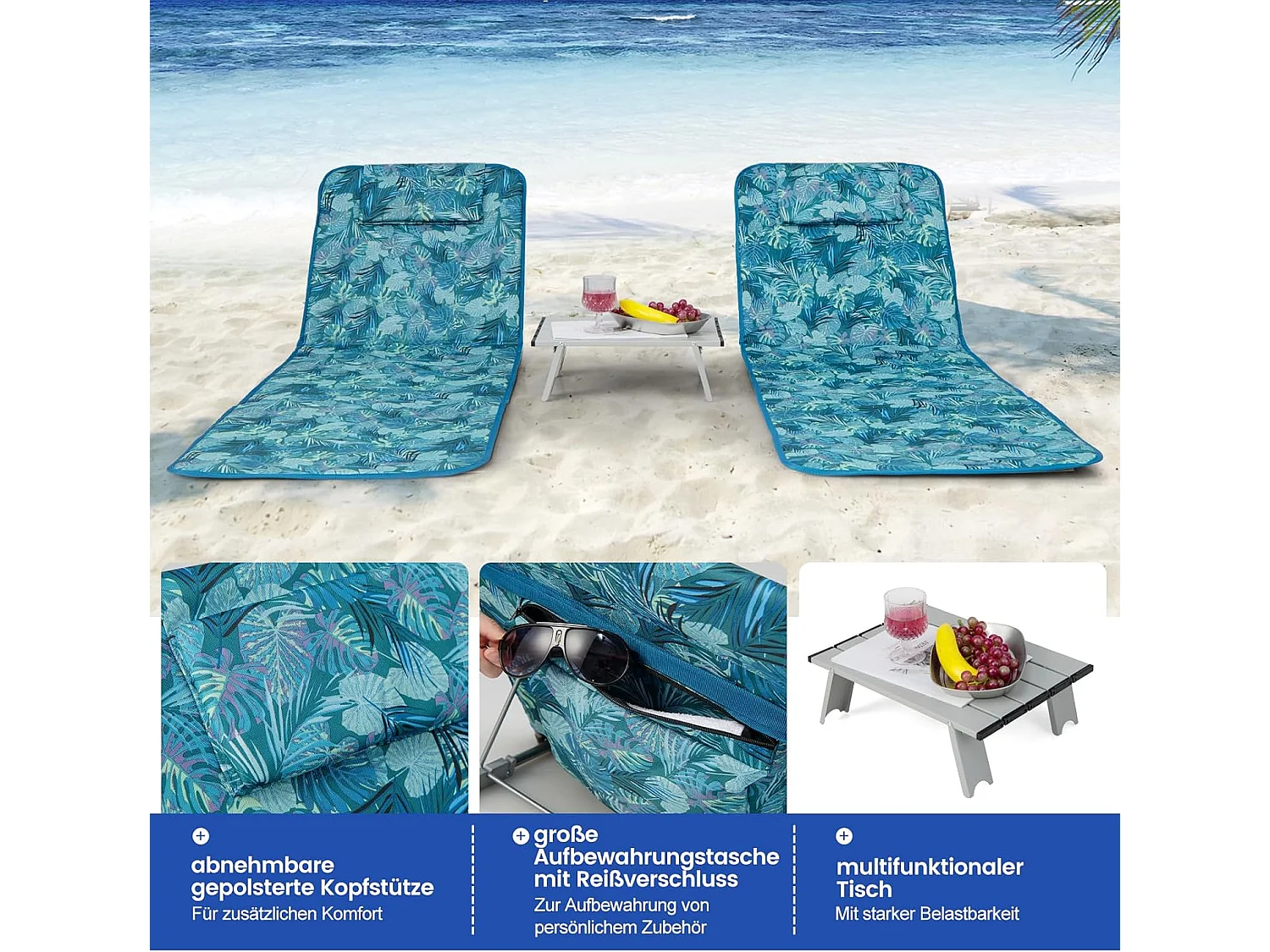 Set van 2 strandmatten met bijzettafel, hoofdkussen en opbergvak, ligmat, opvouwbare zonnemat, licht, draagbaar, strandligstoel voor het strand (turquoise)ZB32435