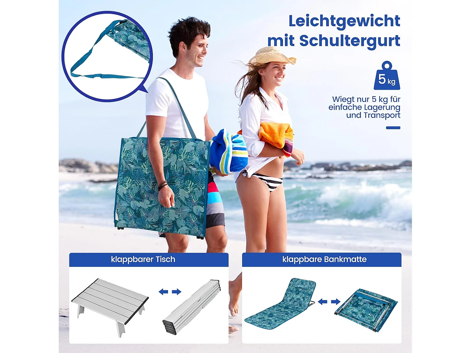 Set van 2 strandmatten met bijzettafel, hoofdkussen en opbergvak, ligmat, opvouwbare zonnemat, licht, draagbaar, strandligstoel voor het strand (turquoise)ZB32435