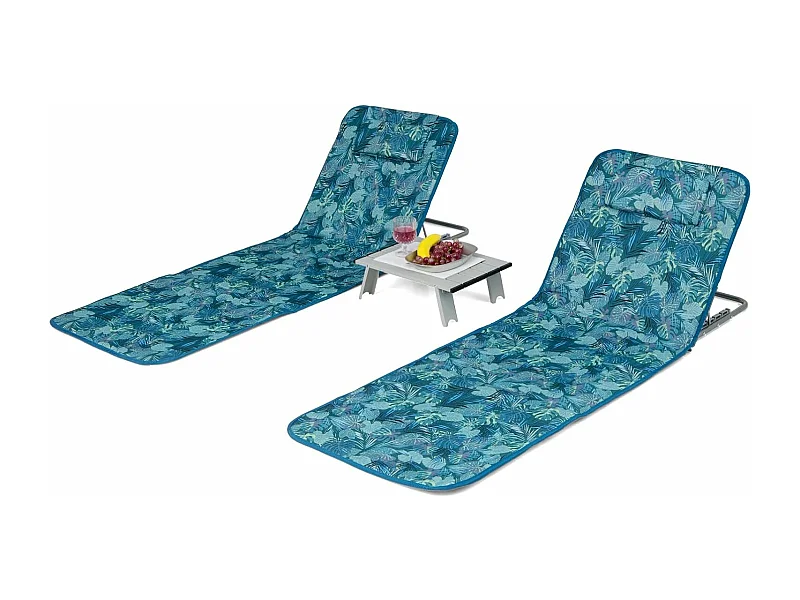 Set van 2 strandmatten met bijzettafel, hoofdkussen en opbergvak, ligmat, opvouwbare zonnemat, licht, draagbaar, strandligstoel voor het strand (turquoise)ZB32435