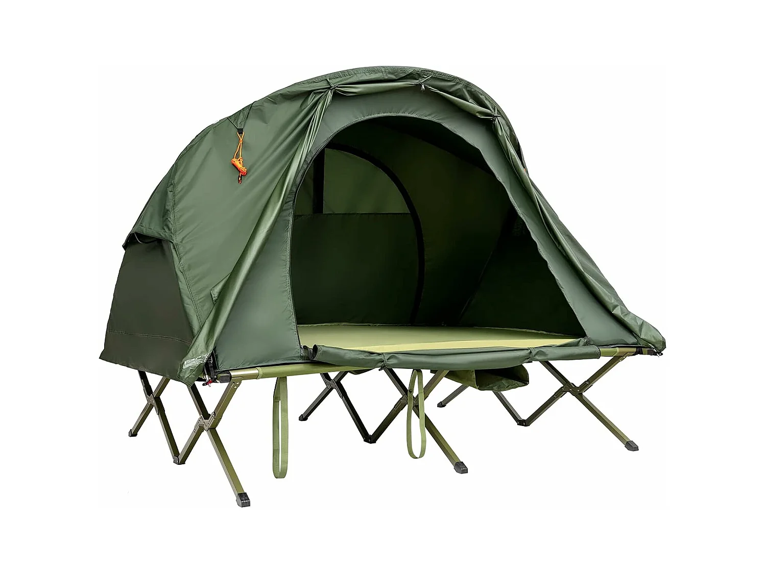 2-Persoons Kampeerbedje tent, 4-in-1 opvouwbaar tentbed met buitenhoes, draagbare verhoogde tent voor schoenen en lamphaak voor buitengebruik (Groen)ZB32374