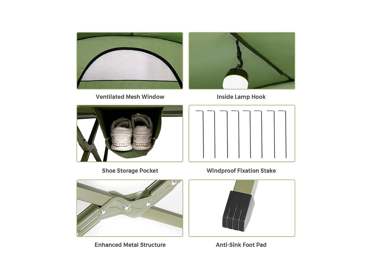2-Persoons Kampeerbedje tent, 4-in-1 opvouwbaar tentbed met buitenhoes, draagbare verhoogde tent voor schoenen en lamphaak voor buitengebruik (Groen)ZB32374
