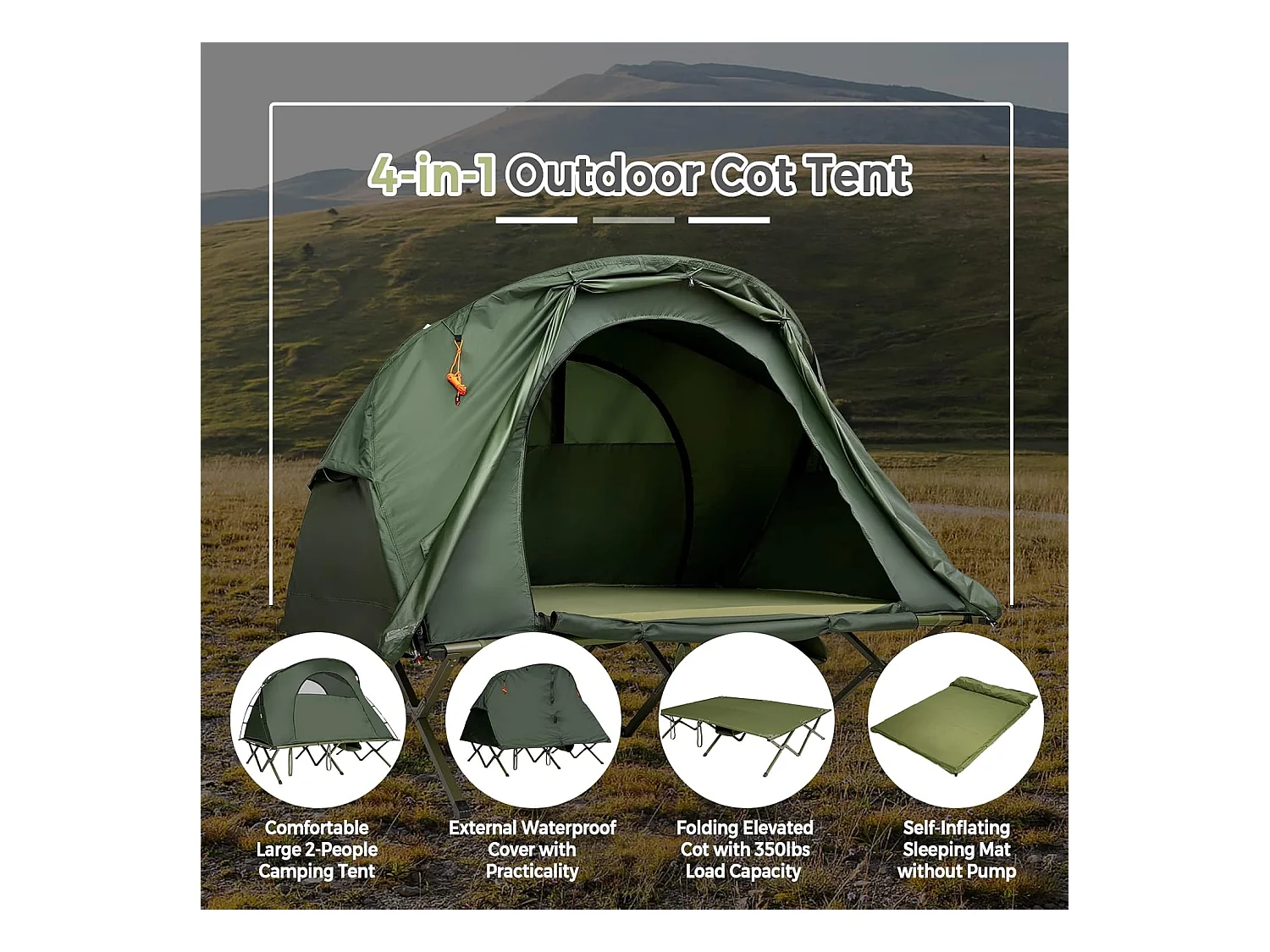 2-Persoons Kampeerbedje tent, 4-in-1 opvouwbaar tentbed met buitenhoes, draagbare verhoogde tent voor schoenen en lamphaak voor buitengebruik (Groen)ZB32374