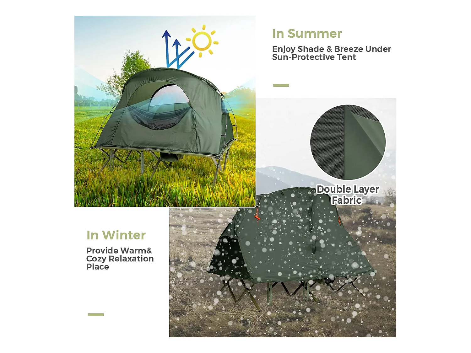 2-Persoons Kampeerbedje tent, 4-in-1 opvouwbaar tentbed met buitenhoes, draagbare verhoogde tent voor schoenen en lamphaak voor buitengebruik (Groen)ZB32374