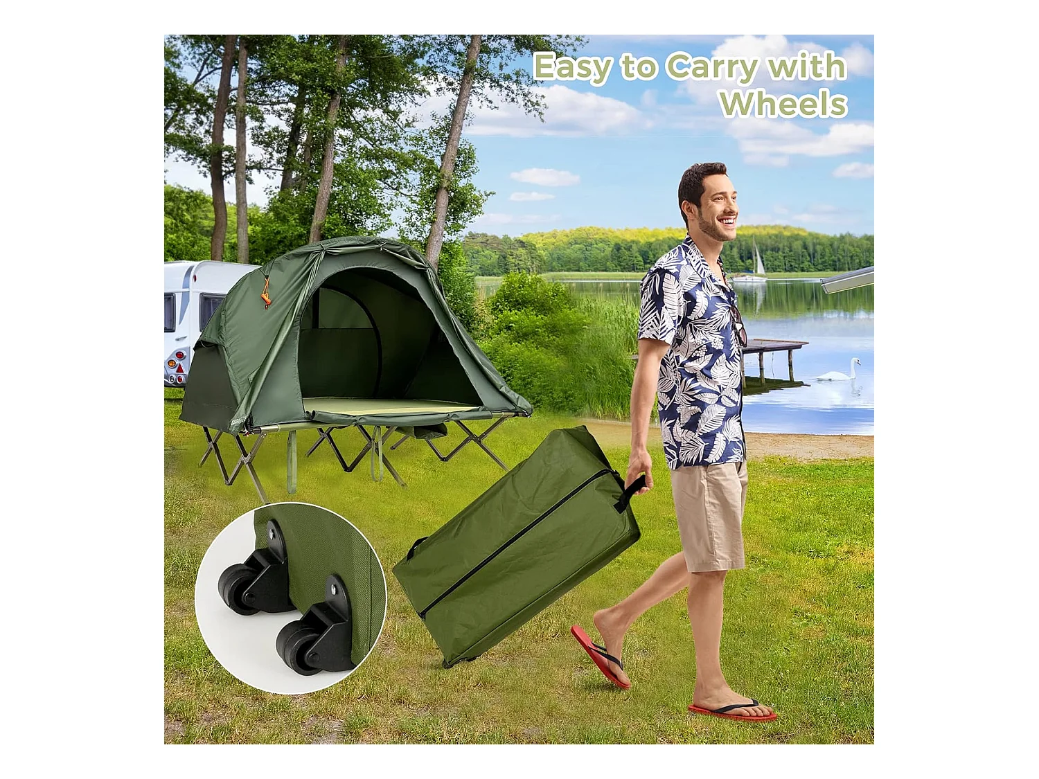 2-Persoons Kampeerbedje tent, 4-in-1 opvouwbaar tentbed met buitenhoes, draagbare verhoogde tent voor schoenen en lamphaak voor buitengebruik (Groen)ZB32374