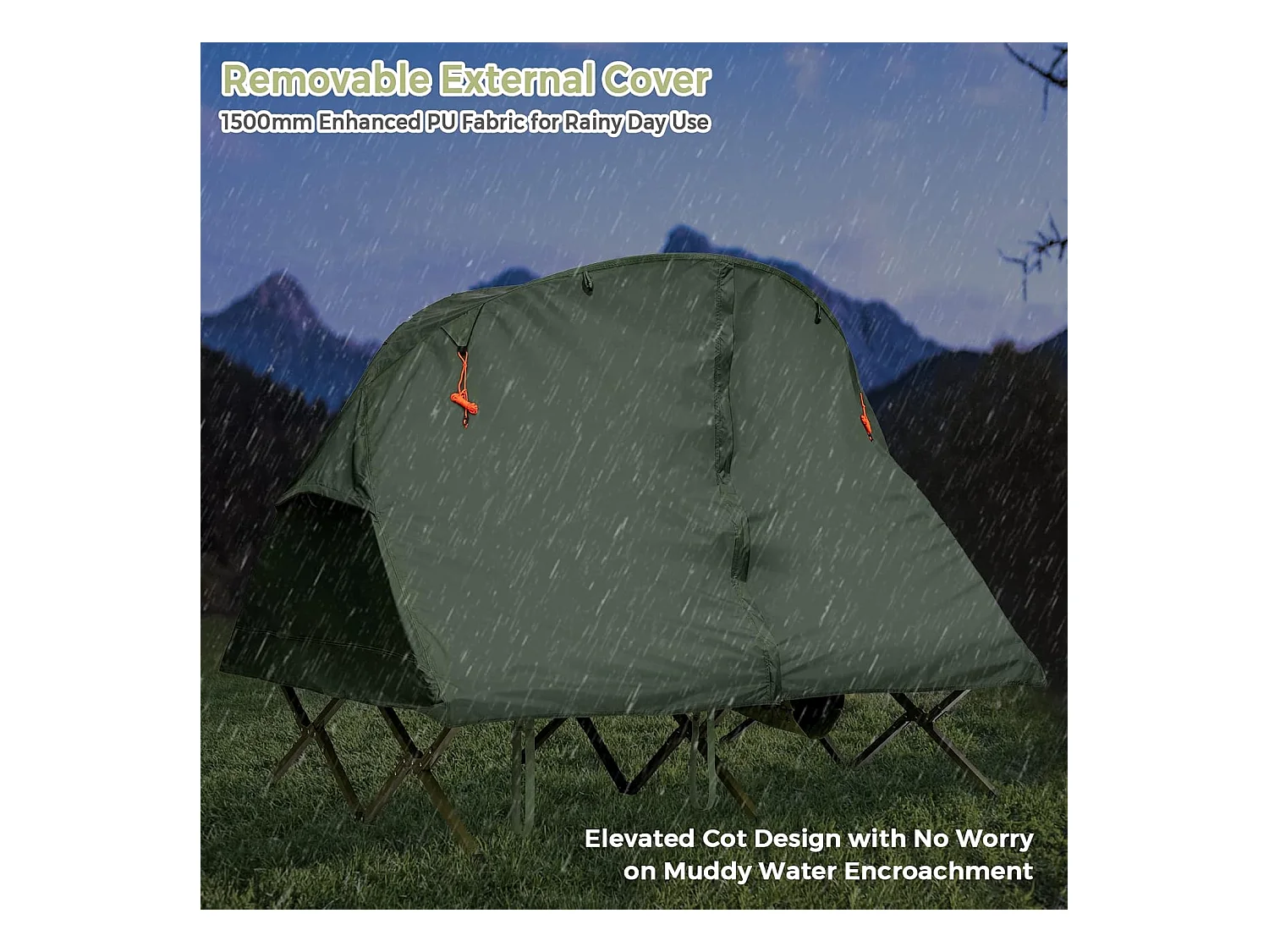 2-Persoons Kampeerbedje tent, 4-in-1 opvouwbaar tentbed met buitenhoes, draagbare verhoogde tent voor schoenen en lamphaak voor buitengebruik (Groen)ZB32374