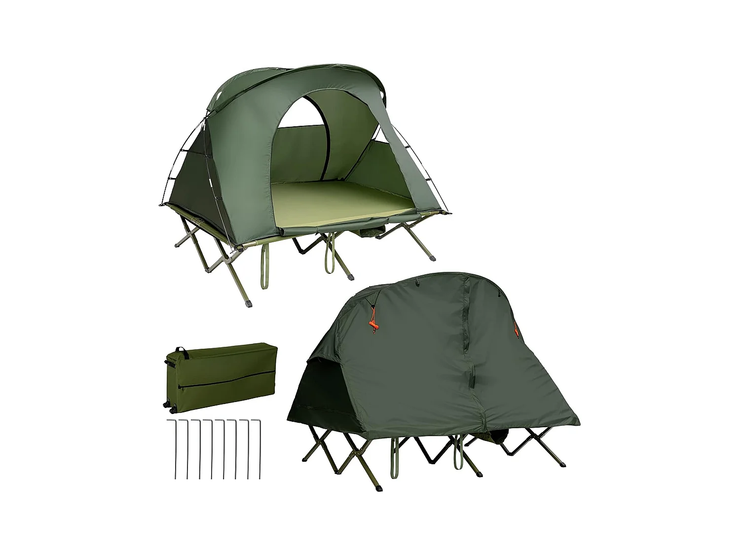 2-Persoons Kampeerbedje tent, 4-in-1 opvouwbaar tentbed met buitenhoes, draagbare verhoogde tent voor schoenen en lamphaak voor buitengebruik (Groen)ZB32374