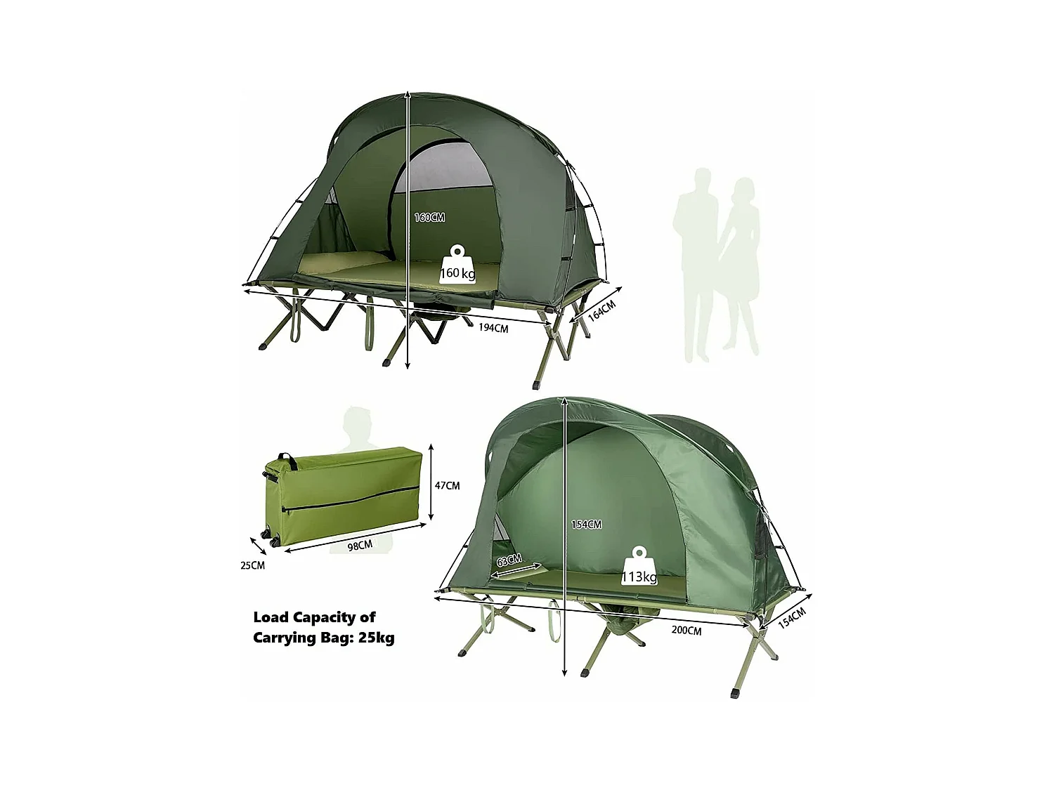 2-Persoons Kampeerbedje tent, 4-in-1 opvouwbaar tentbed met buitenhoes, draagbare verhoogde tent voor schoenen en lamphaak voor buitengebruik (Groen)ZB32374