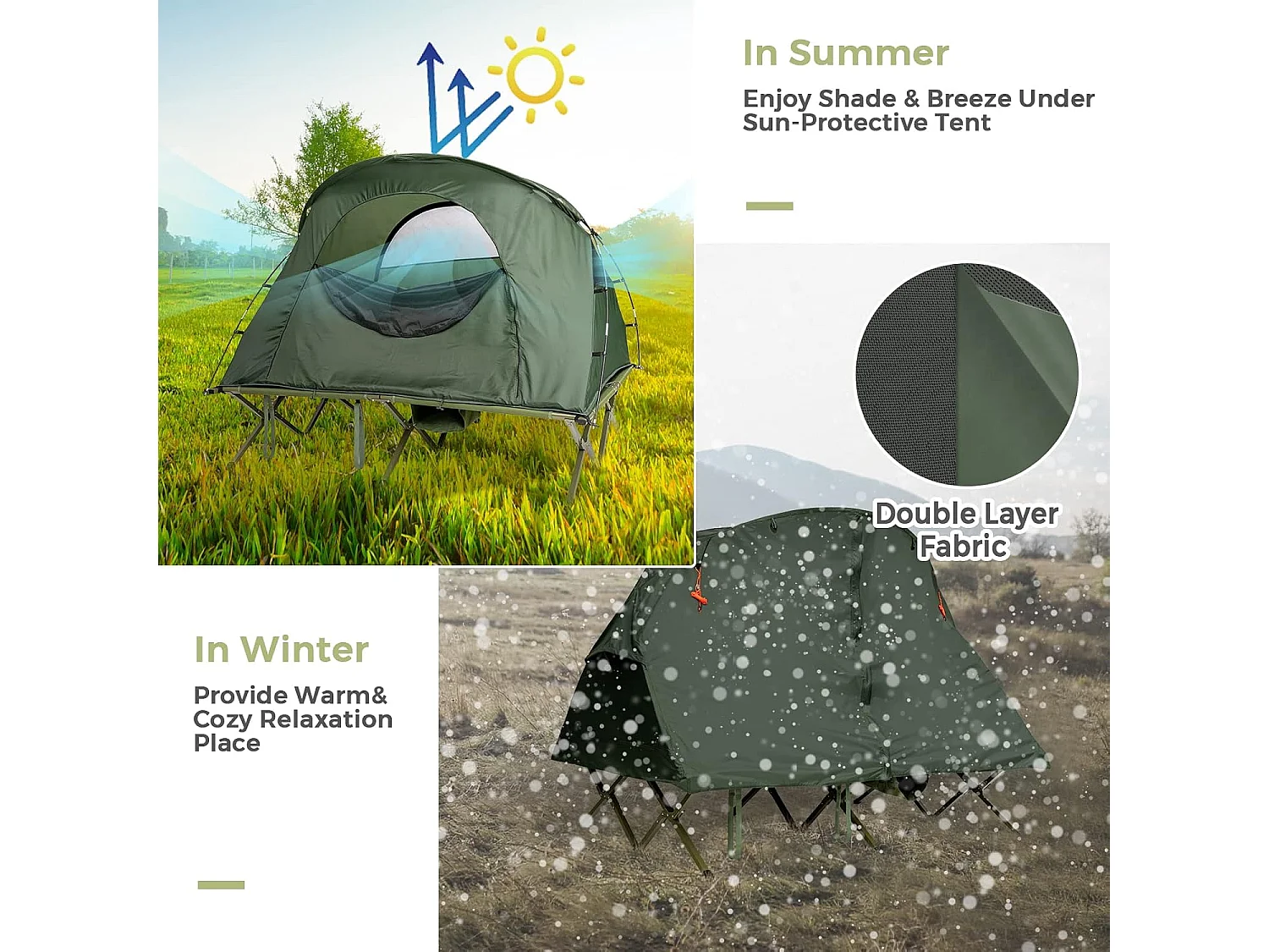 2-Persoons Kampeerbedje tent, 4-in-1 opvouwbaar tentbed met buitenhoes, draagbare verhoogde tent voor schoenen en lamphaak voor buitengebruik (Groen)ZB32374